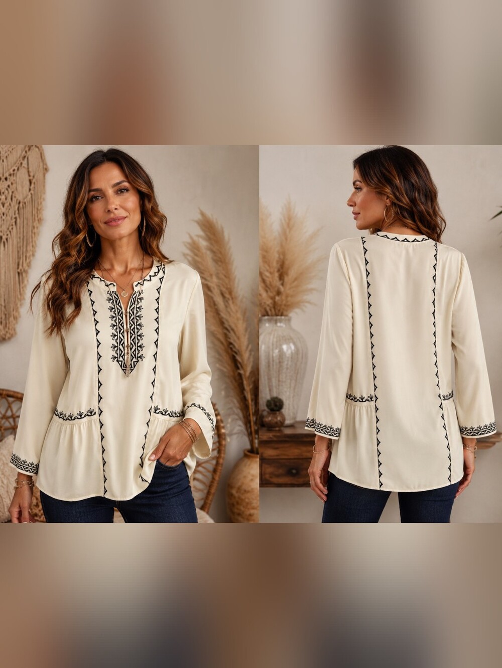 Chico’s Size 2 Large Ivory Satin Embroidered Blouse Black Trim Flowy Top